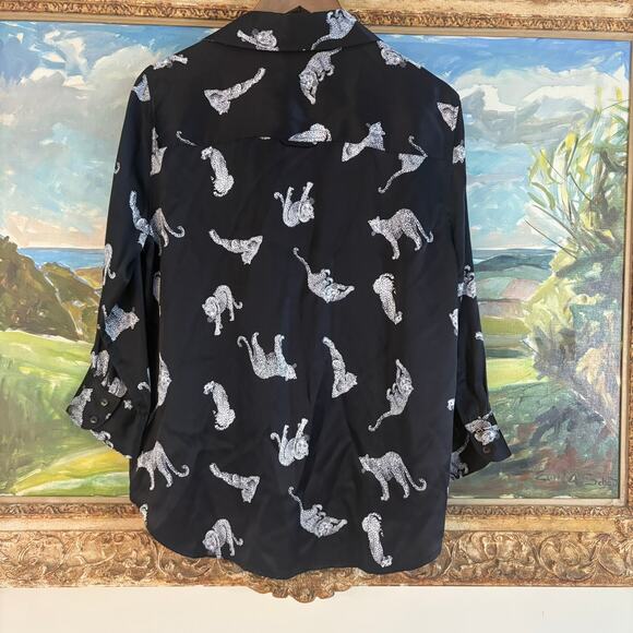 L’Agence Tyler Silk Leopard Cat Print Button Down Shirt Blouse Black Large NWT - Picture 10 of 13